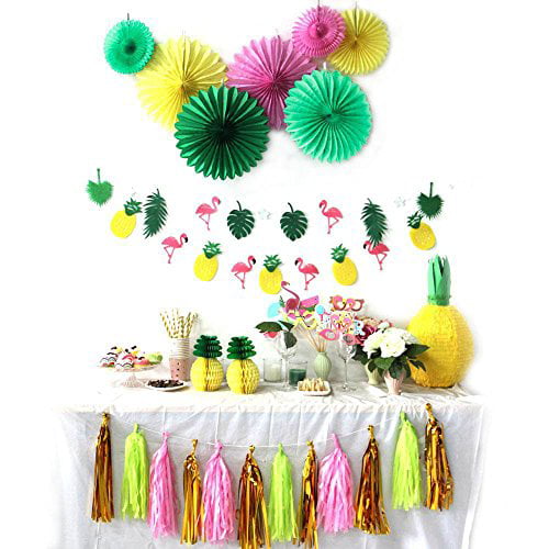 Summer Party Photo Booth Props Kit Flamingo Pineapple for Tropical Luau Tiki Party Supplies SUNBEAUTY,12 Pieces 